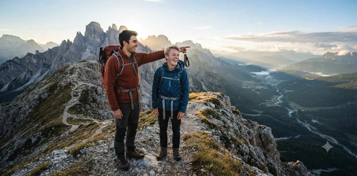 Brothers hiking along a mountain trail