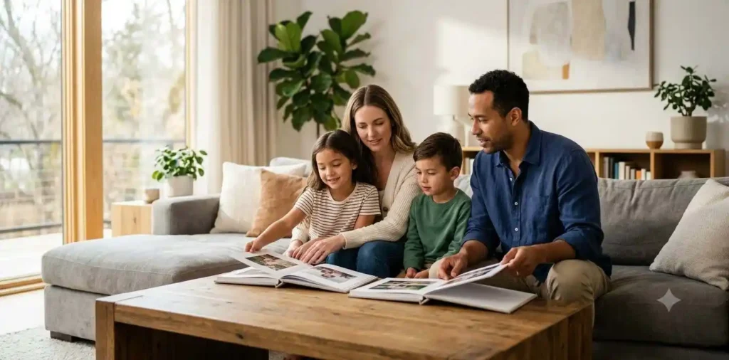 Family sitting together in a stylish sunlit home