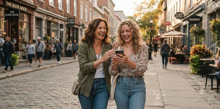 Aunt and niece smiling during city stroll