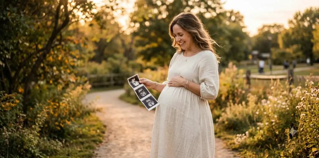 Expectant mother holding ultrasound photo outdoors