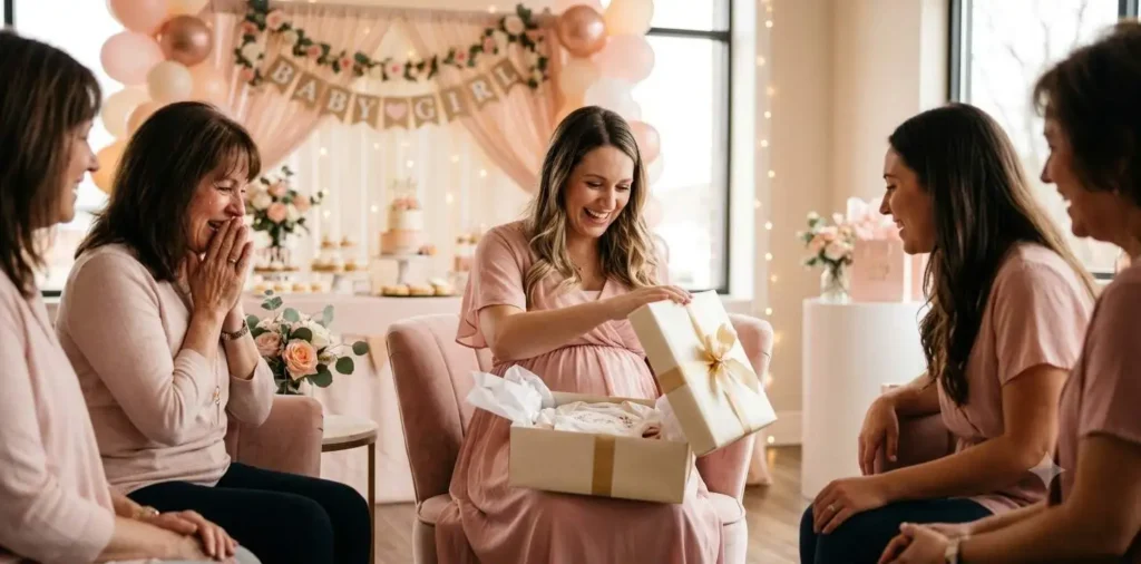 Pregnant woman opening gifts at baby shower