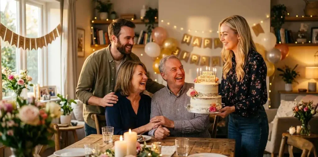 Adult child celebrating parents birthday together