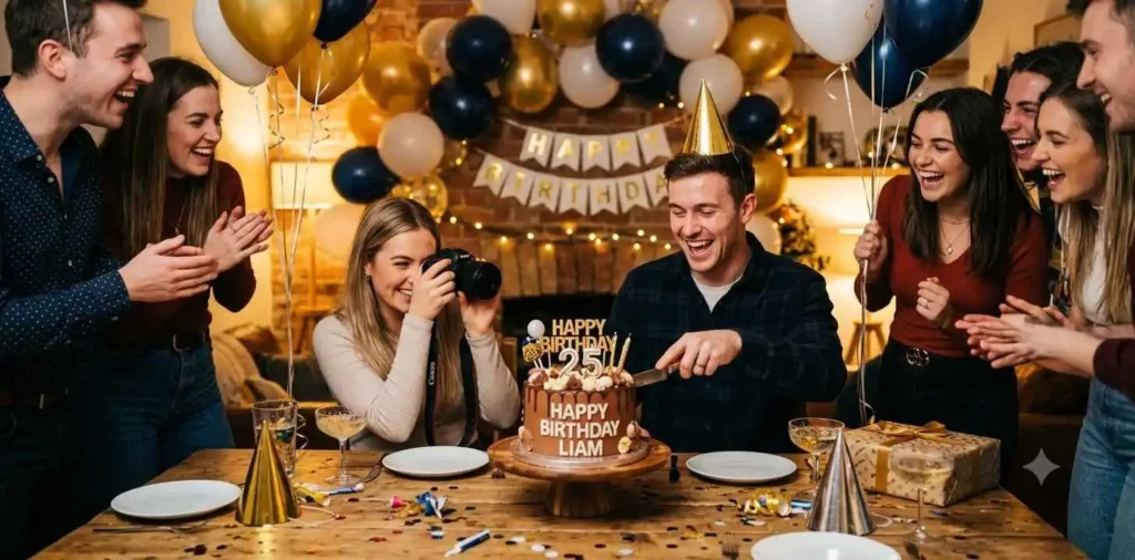 Couple celebrating birthday with cake and candles