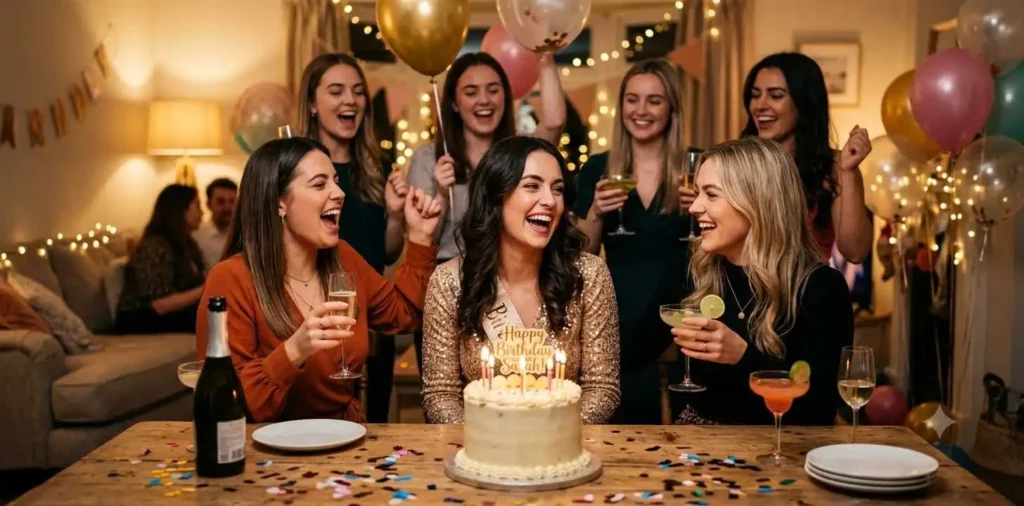 Friends celebrating birthday with joyful laughter