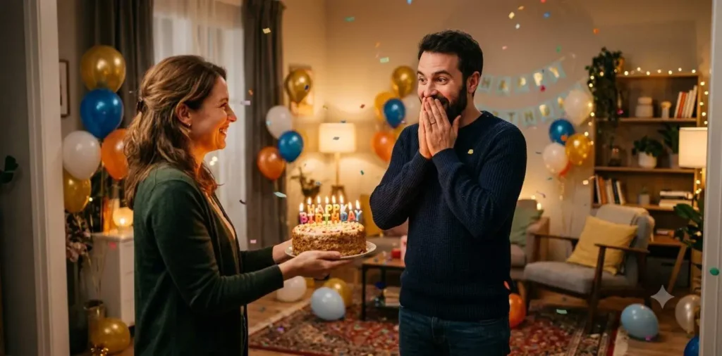 Wife surprising husband with birthday cake