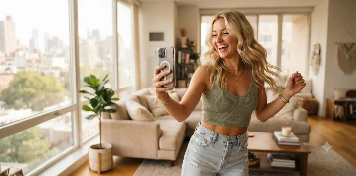 Blonde woman recording a fun video
