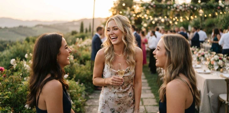 Blonde wedding guest smiling at reception