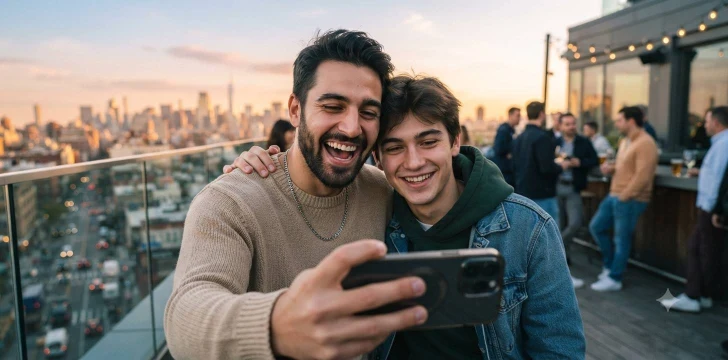 Brothers laughing together on a rooftop