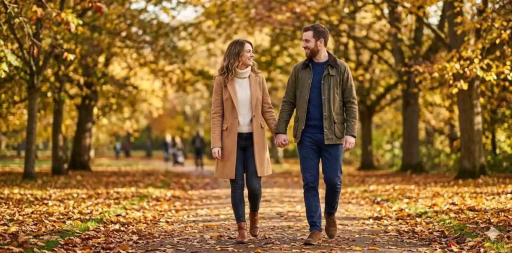 Smiling couple walking together in coordinated autumn clothing