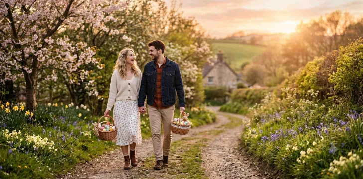 Couple walking together with Easter baskets