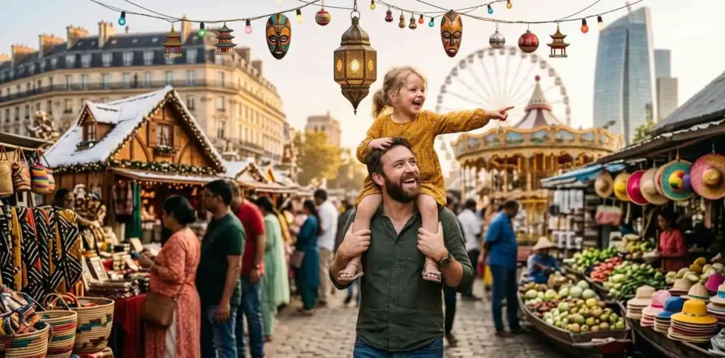 Father carrying child on shoulders outdoors