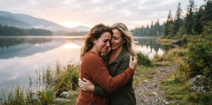 Two sisters embracing beside a lakeside