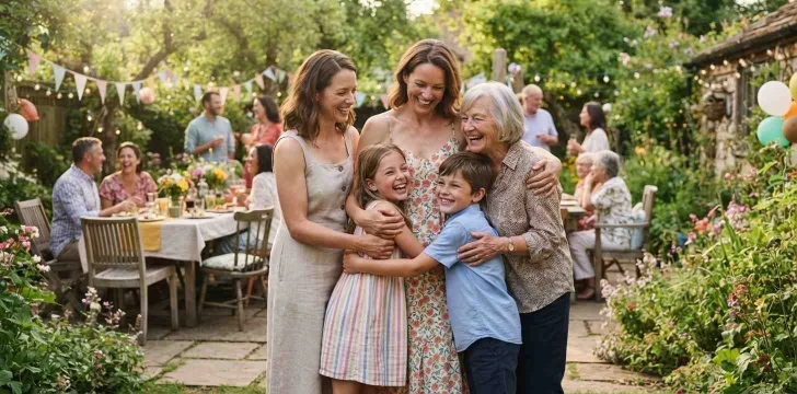 Family gathering with aunt sharing a hug