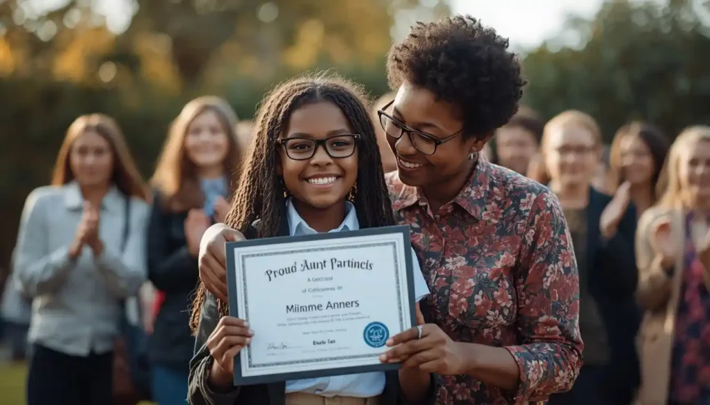 Aunt applauding niece after school achievement