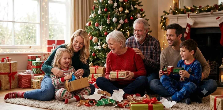 Family opening gifts beside Christmas tree