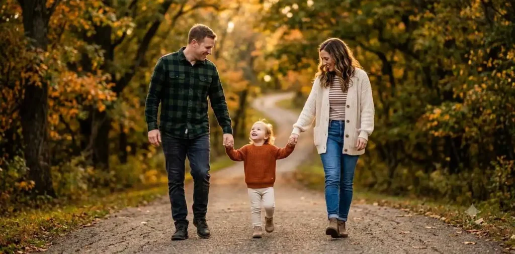Family walking together with smiling toddler