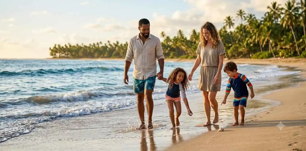 Family walking along a tropical beach