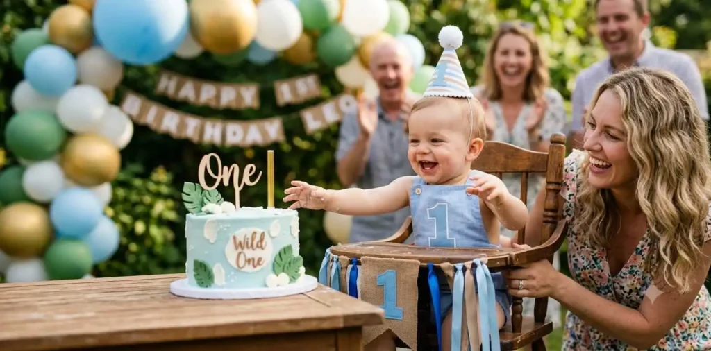 Toddler enjoying first birthday celebration