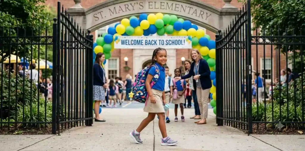Young student entering elementary school smiling