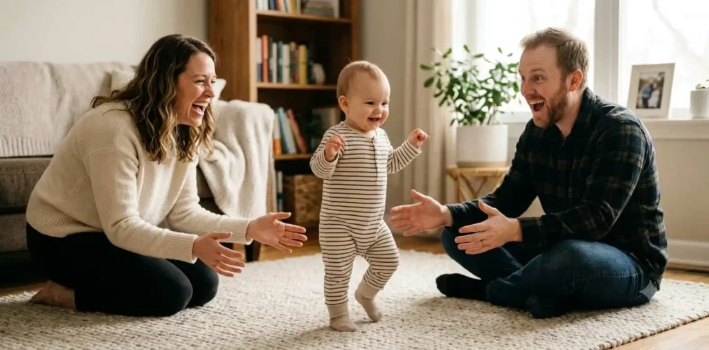 Baby taking first steps toward smiling parents