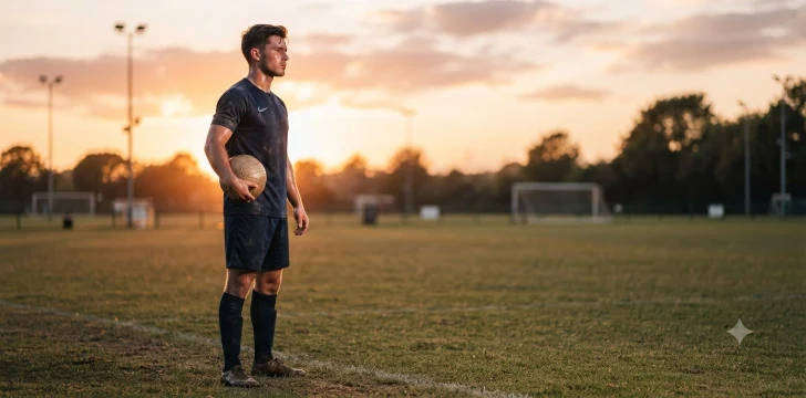 Focused football player training alone at sunset