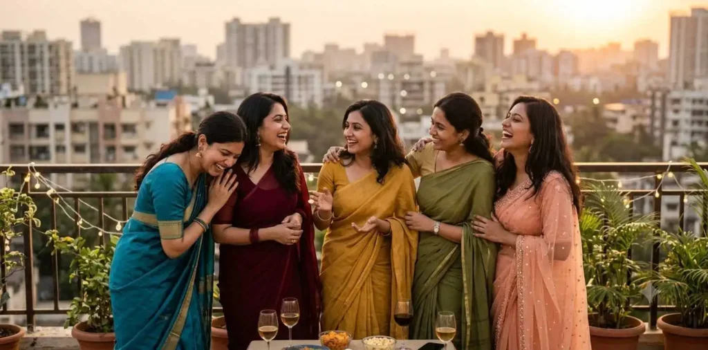 Friends laughing together in matching sarees