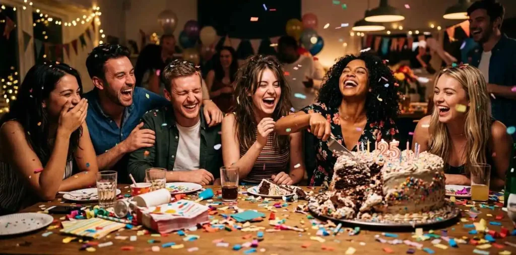 Friends laughing during playful birthday celebration