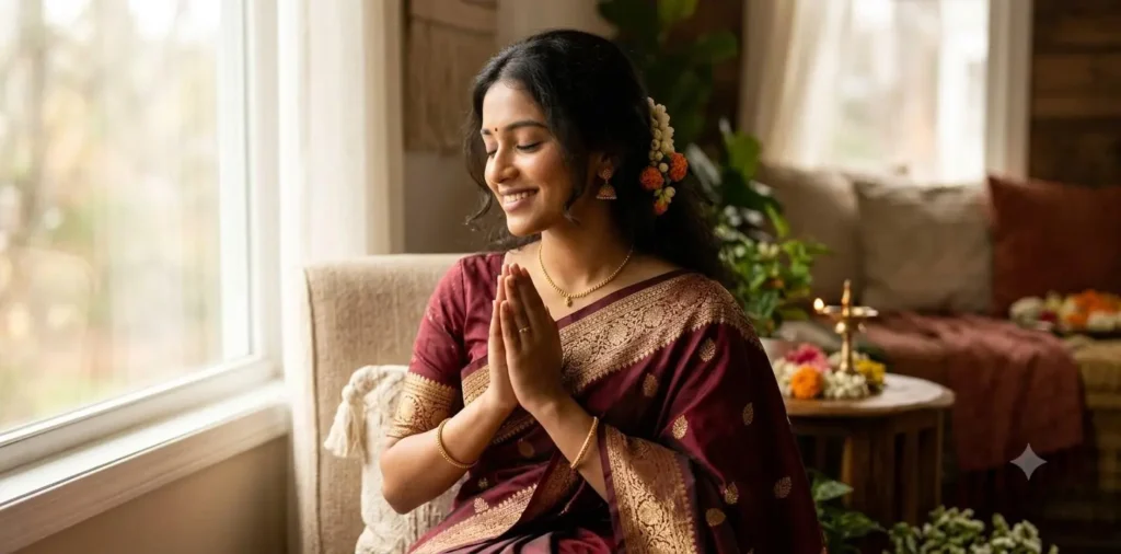 Woman offering prayer in traditional clothing
