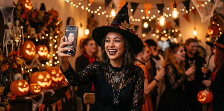 Woman taking Halloween selfie in costume