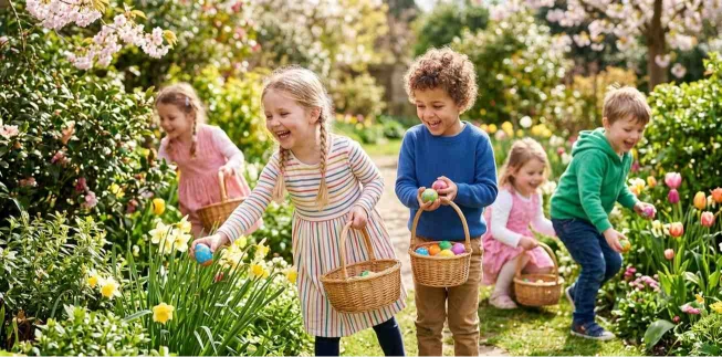Children enjoying Easter egg hunt outdoors
