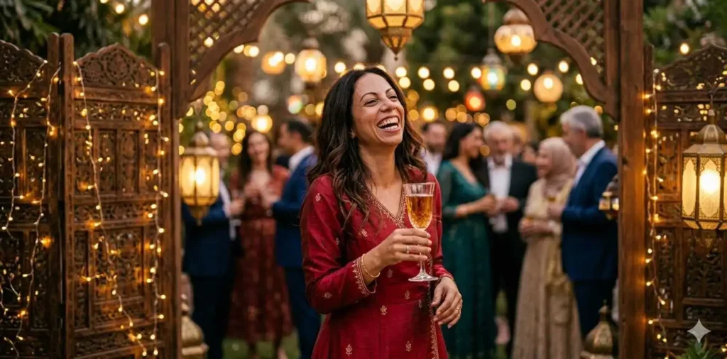Woman in festive dress at holiday evening party