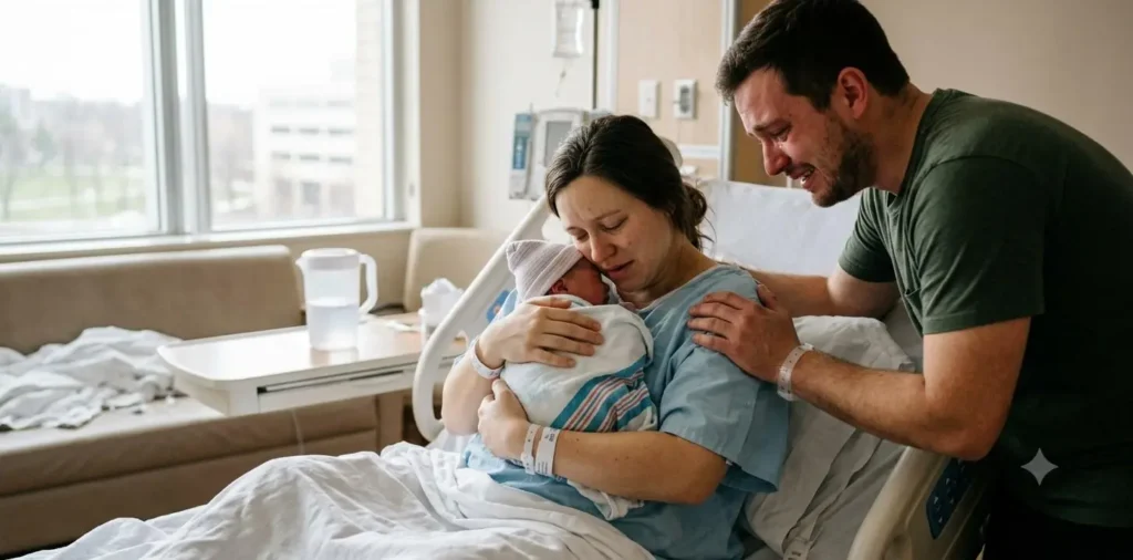 Parents meeting newborn in hospital room