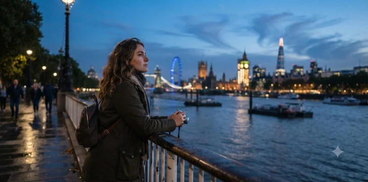 Traveler admiring London skyline at sunset