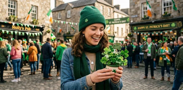 Woman celebrating with lucky green accessories