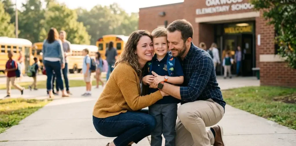 Parents hugging child before school