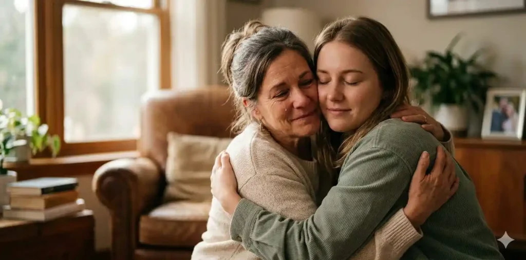 Mother hugging daughter in warm indoor moment