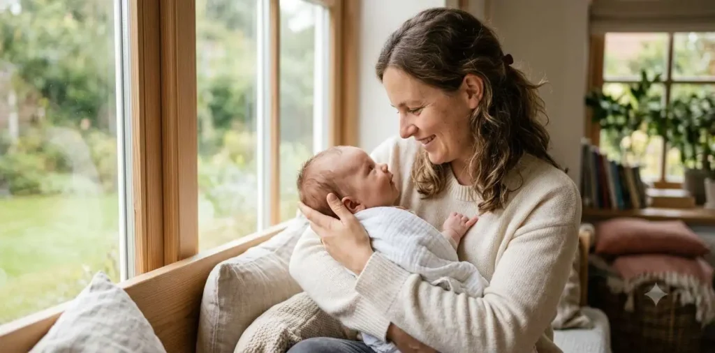 Mother holding baby near window light