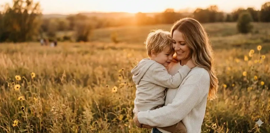 Mother holding child during warm sunset moment