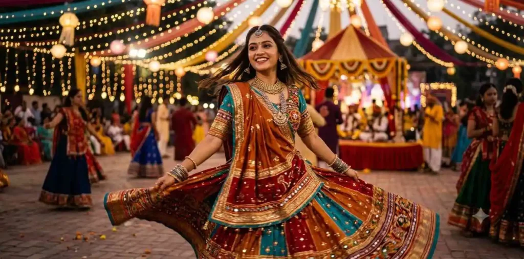 Woman dancing in colorful festive saree