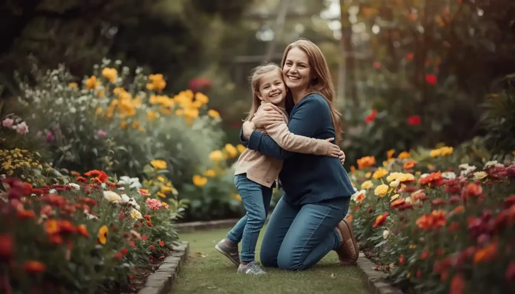 Aunt hugging her smiling niece outdoors