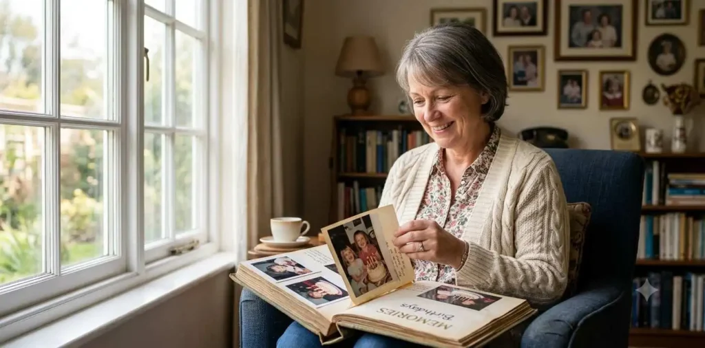 Mother looking at old birthday photo album