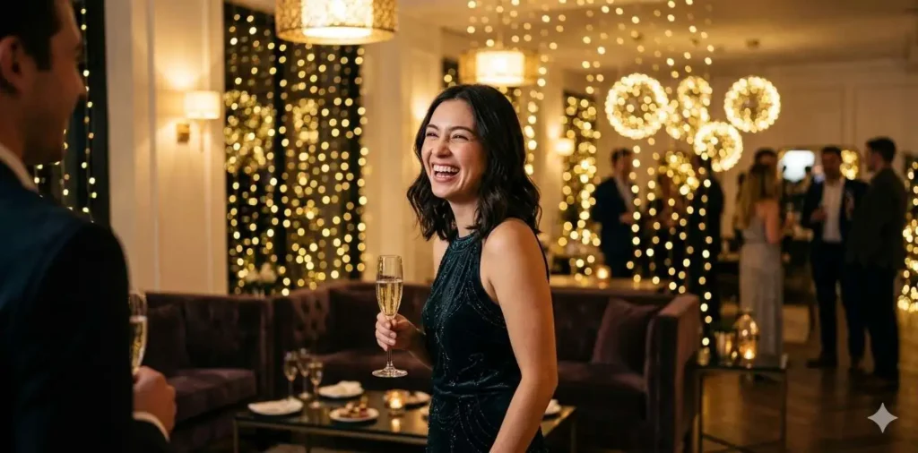 Woman laughing at a glamorous indoor party