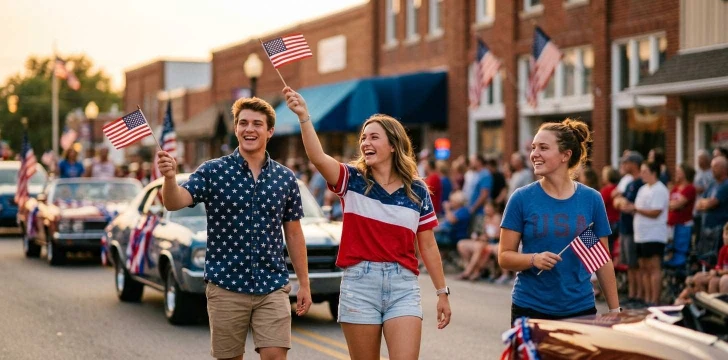 Friends waving flags at sunset