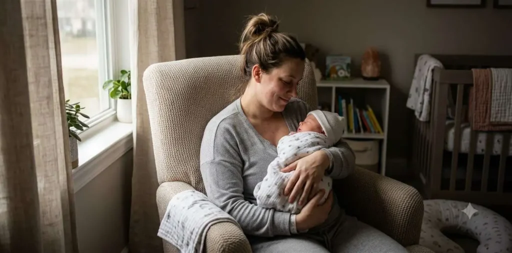 Mother cuddling newborn during quiet recovery moment
