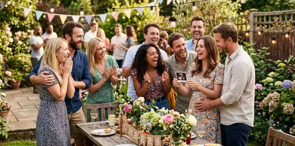 Friends celebrating pregnancy news together