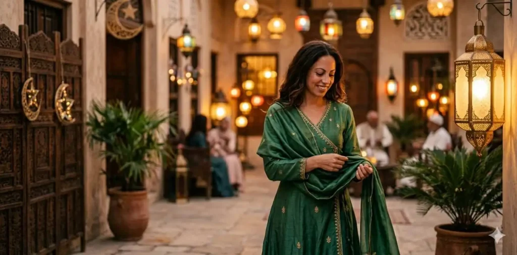 Elegant woman in modest festive attire outdoors