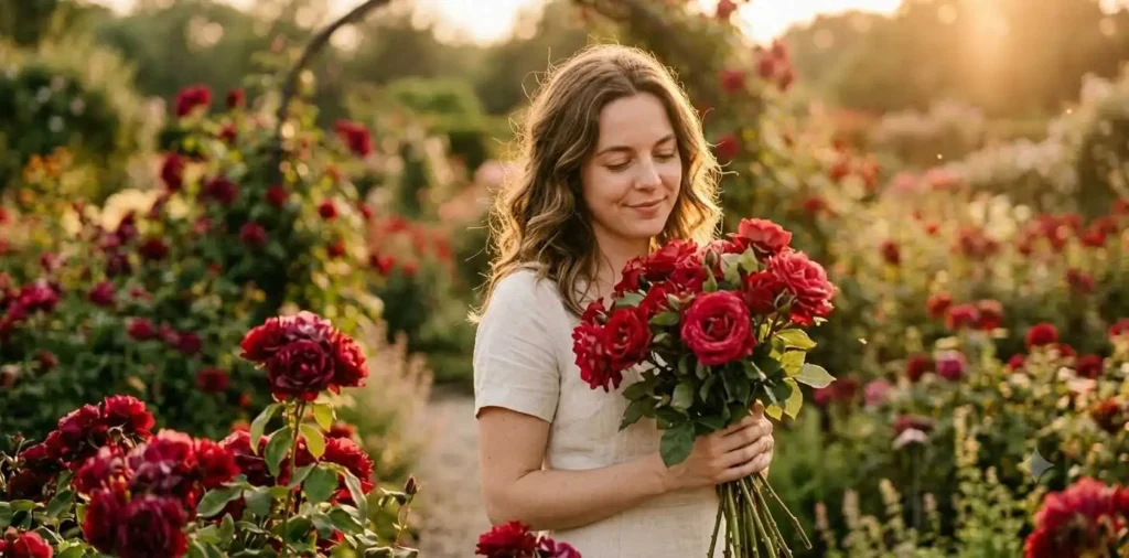 Woman holding bouquet of red roses