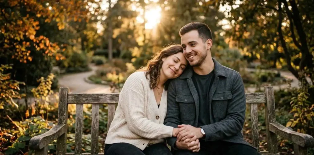 Couple sharing affectionate quiet moment outdoors