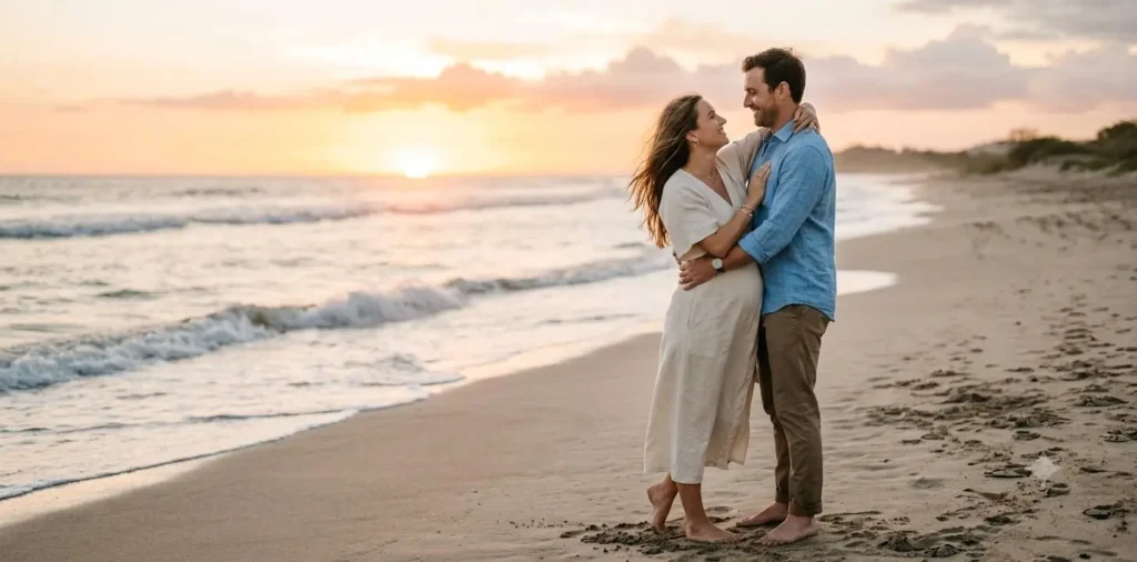 Expecting couple embracing during sunset