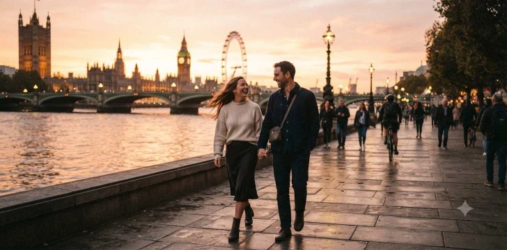 Couple walking along river at sunset